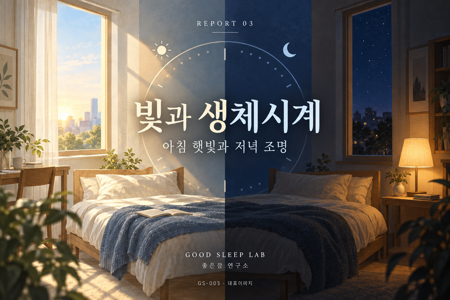 REPORT 03 빛과 생체시계. 같은 침실의 밝은 아침과 낮춘 저녁 조명을 대비한 그림.
